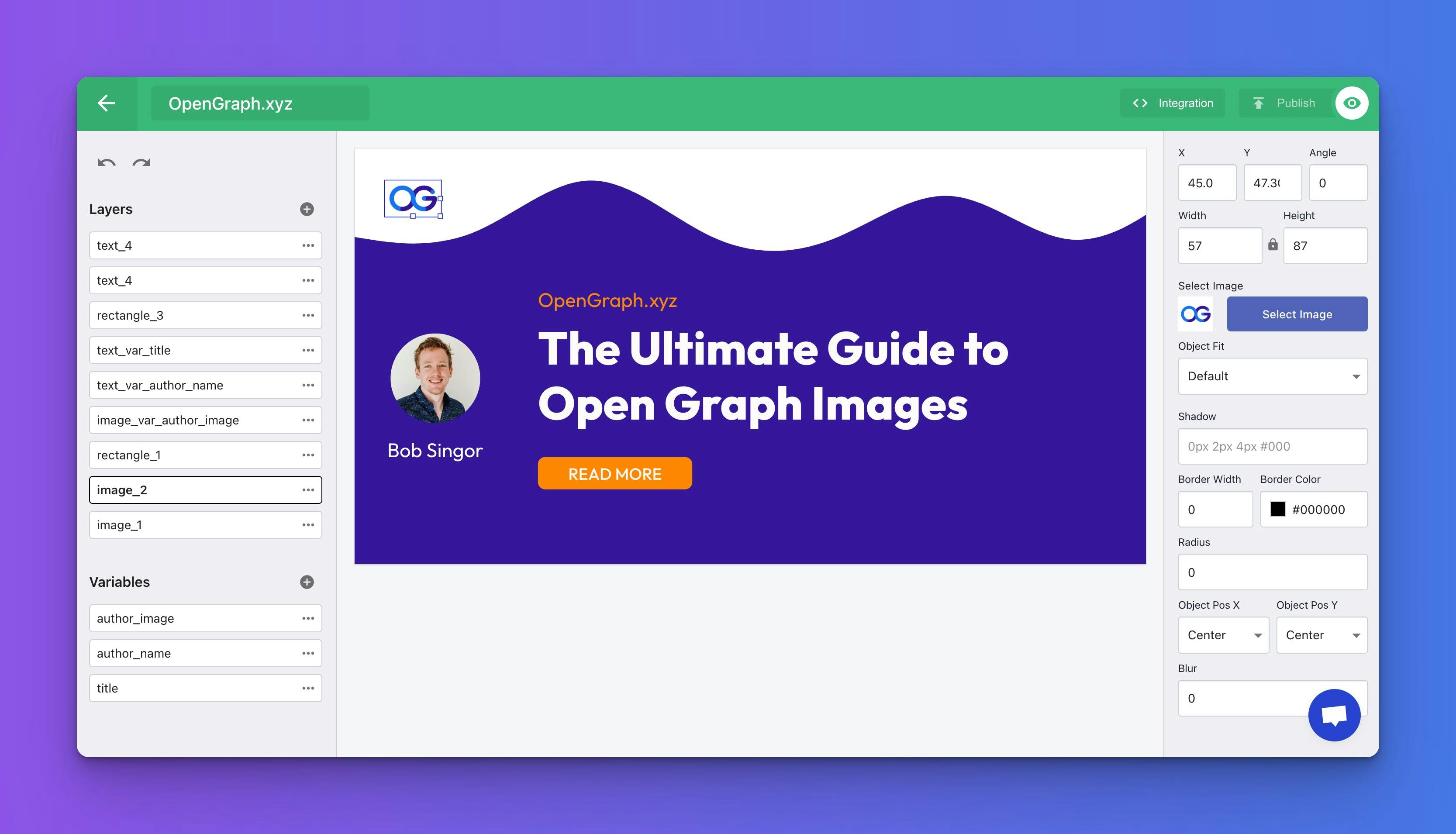 Editing an Open Graph Image template inside the OpenGraph.xyz editor
